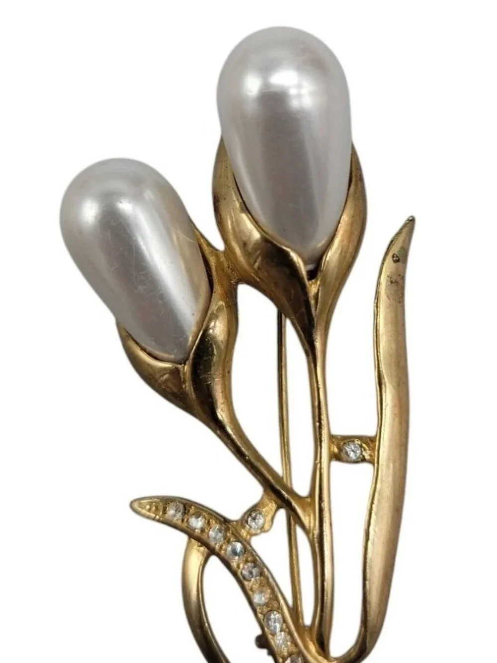 Mi Amore Brooch Calla Lilly Flower Gold Tone Faux Pearl Rhinestone Vintage